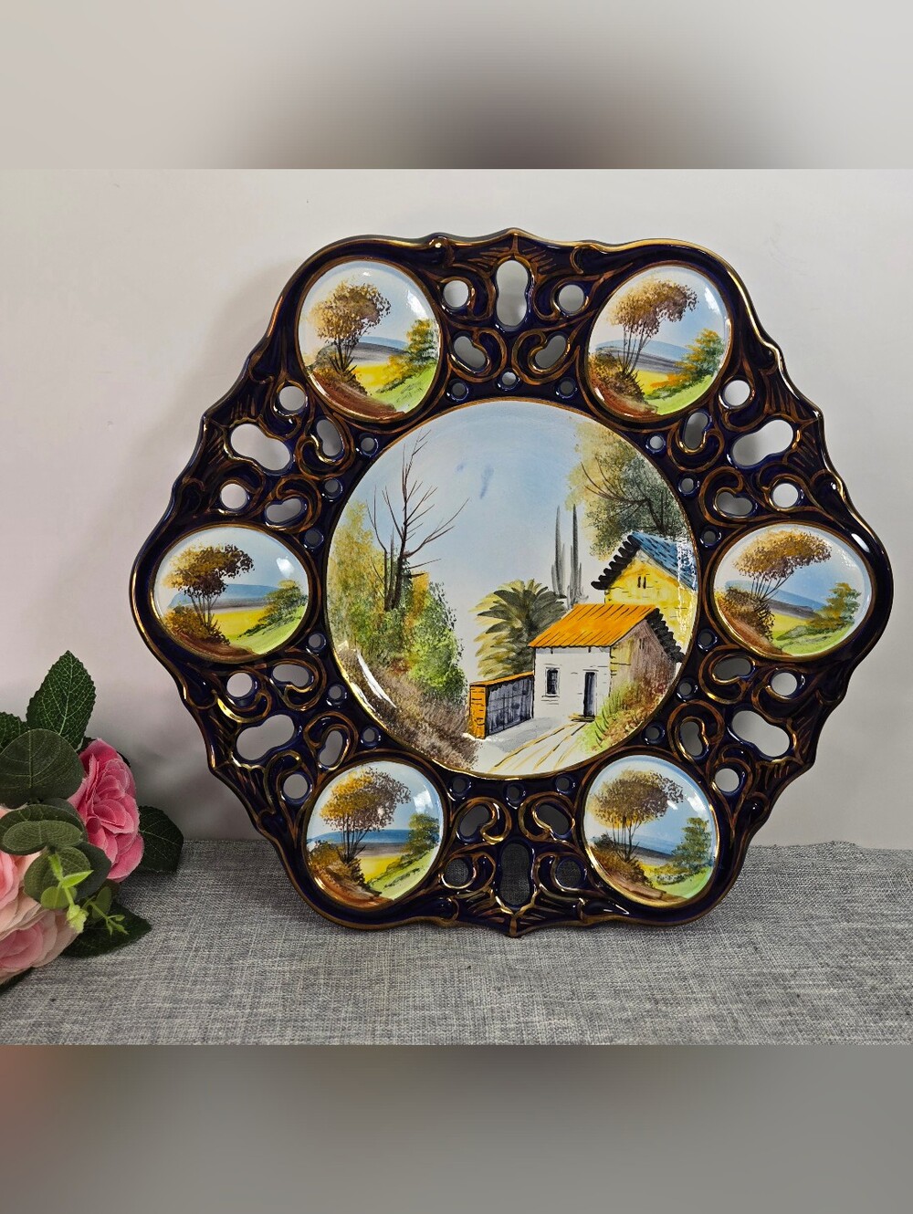 Alcobaca? Portugal‎ Art Pottery Decorative Cobalt Plate Gold Rim Handpainted 15"